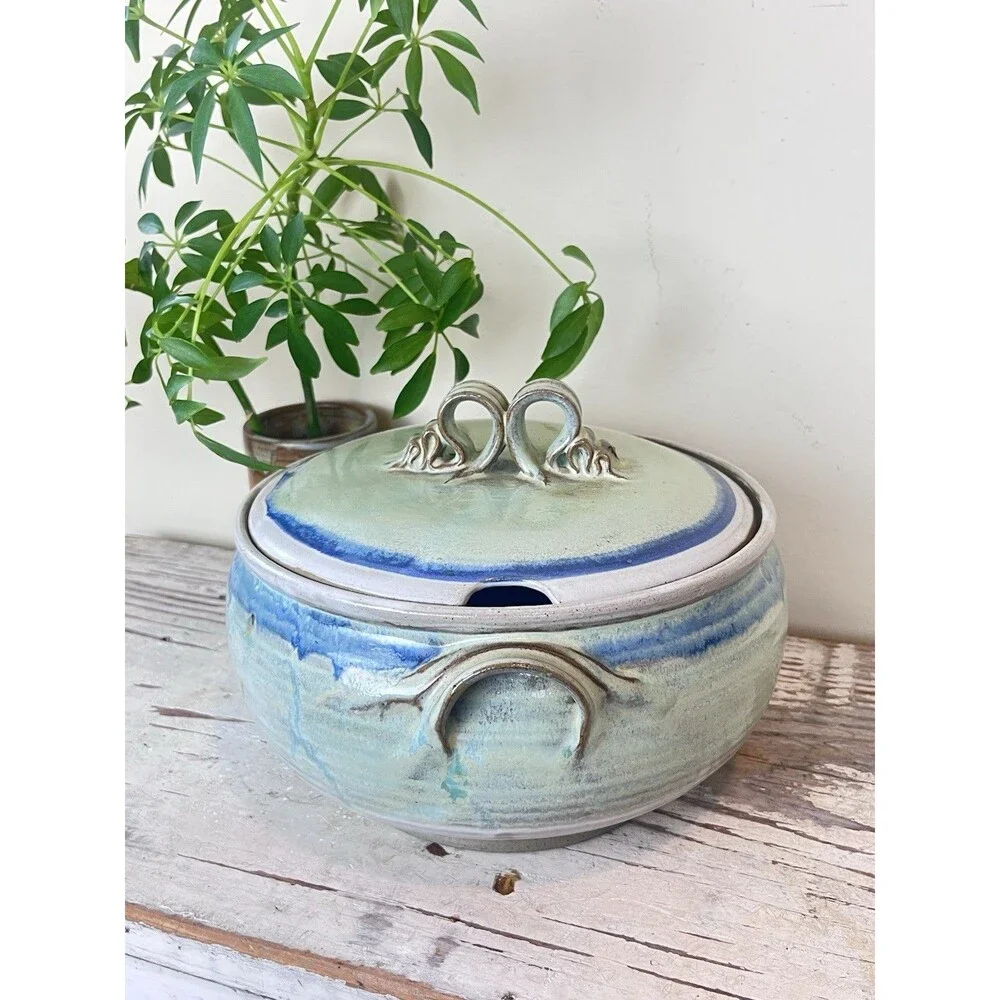 Vintage Handmade Artisan Pottery Tureen Casserole Dish W/Ornate Lid Signed